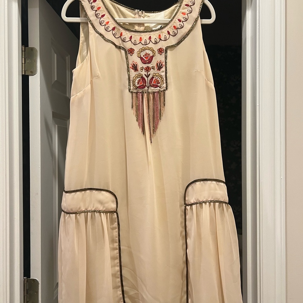 Anna Sui Cream Dress with Red Embroidery